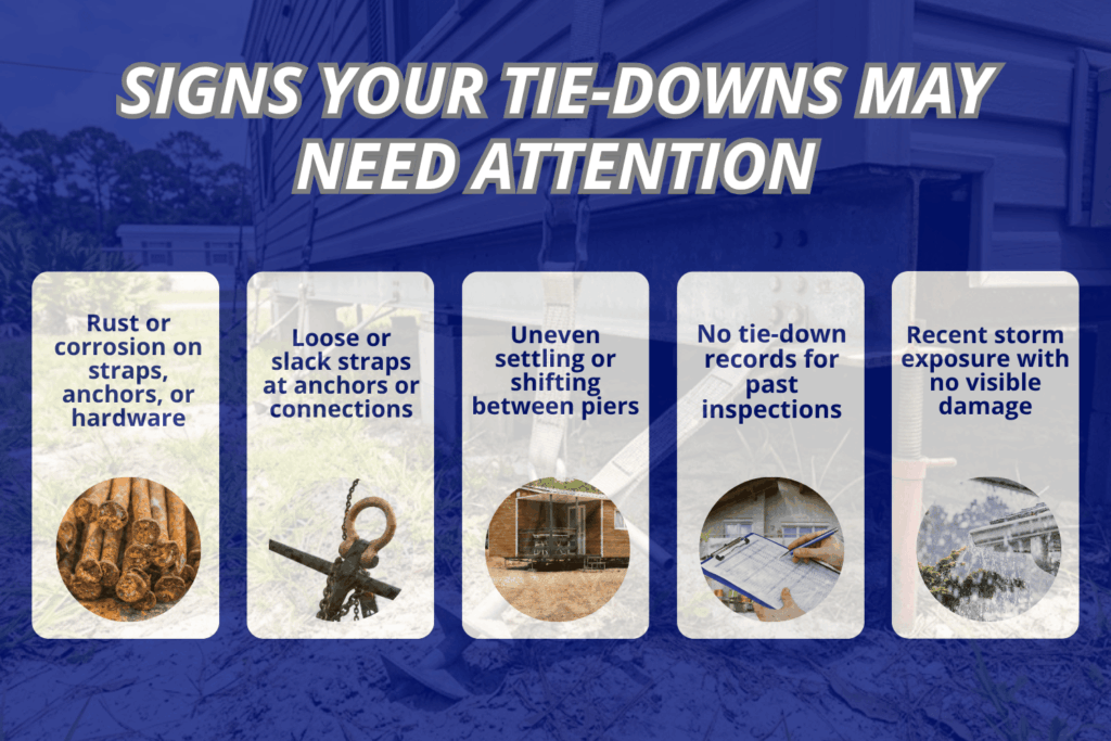 Infographic showing five signs your tie-downs may need attention: rust or corrosion, loose straps, uneven settling, no inspection records, and recent storm exposure