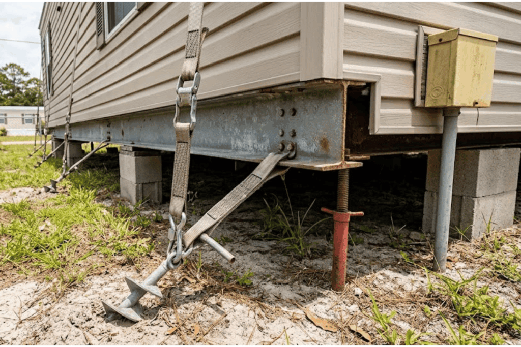Mobile home tie-down anchor and support strap under the frame