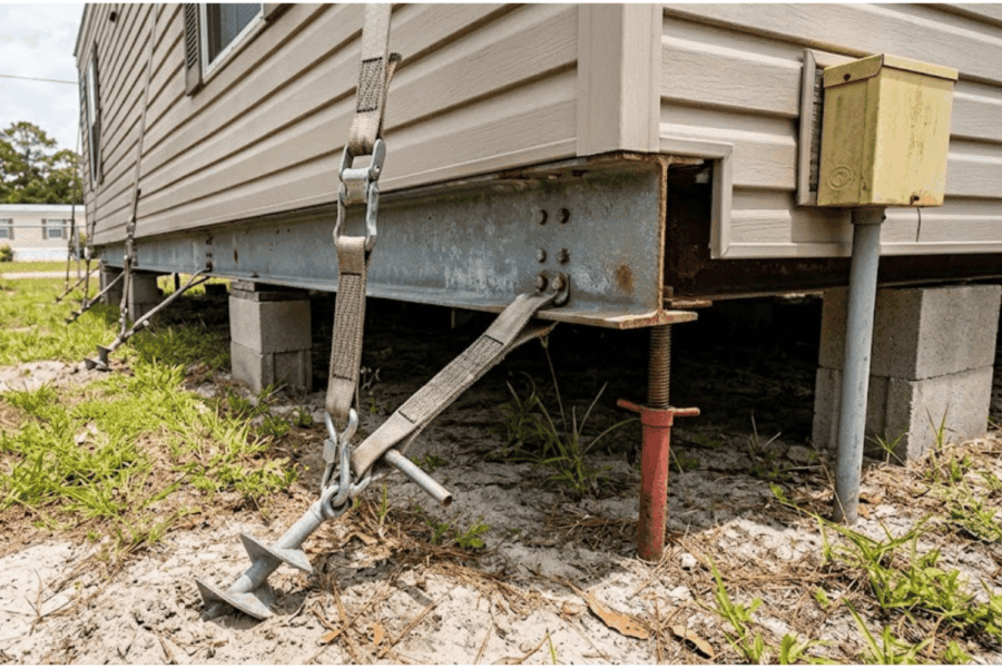 Mobile home tie-down anchor and support strap under the frame