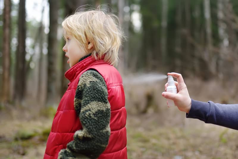 Deet spray to keep chiggers off clothes.