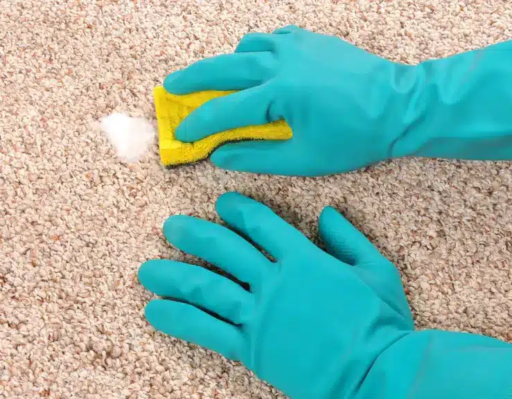 A person using recommended materials to clean greaser out of carpet.