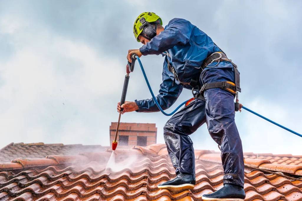 Washing the tile roof is part of maintenance. 