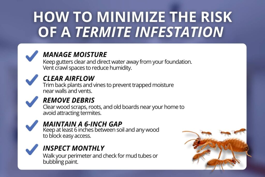 Home maintenance checklist graphic focused on reducing termite risk around the foundation and exterior walls.