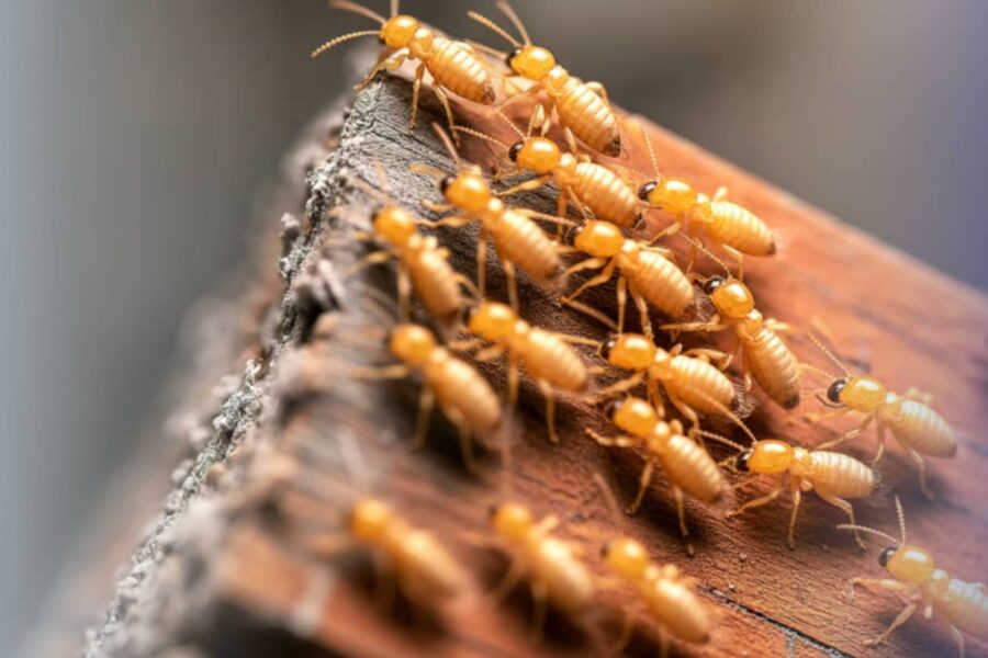 A group of pale, amber-colored termites crawl across the textured surface of a weathered piece of wood.