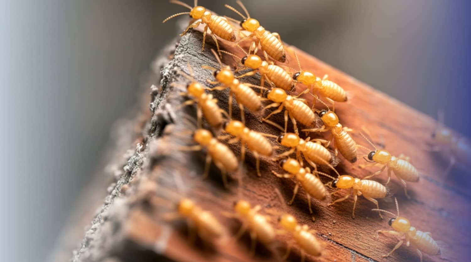 A group of pale, amber-colored termites crawl across the textured surface of a weathered piece of wood.