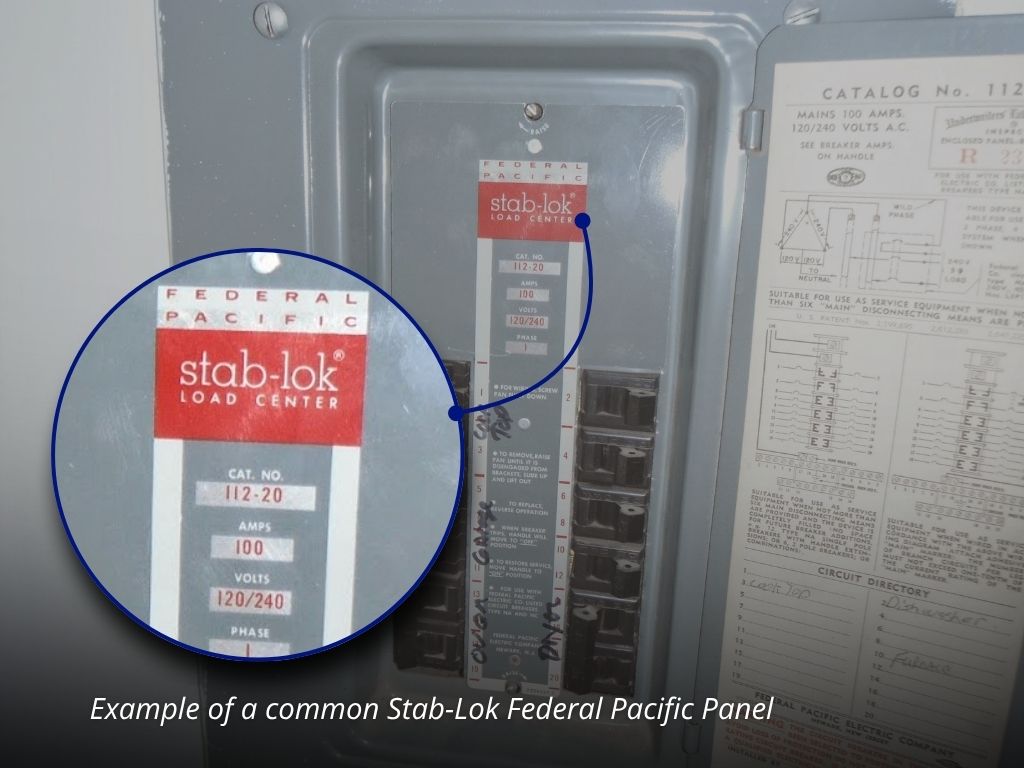 Close-up of a Stab-Lok label inside a Federal Pacific electrical panel used to identify the un-recalled brand during a home inspection.