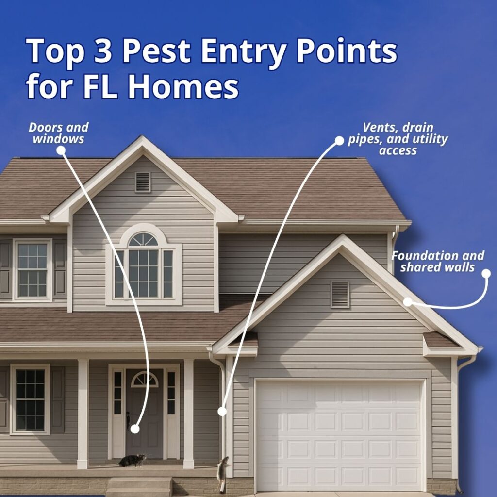 Graphic titled "Pest Prevention 101" with a close-up of an ant, listing reminders to seal entry points, eliminate food waste, and maintain the yard.
