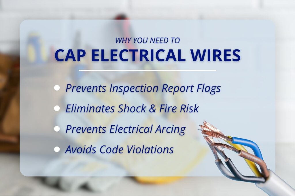 An educational graphic titled "Why You Need to Cap Electrical Wires" listing key safety and compliance reasons next to a close-up of exposed copper wires.