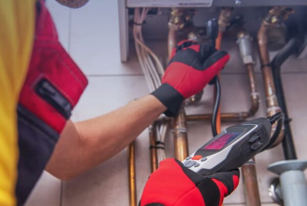 A technician wearing red and black work gloves uses a handheld digital inspection camera to examine copper plumbing pipes beneath a boiler unit.